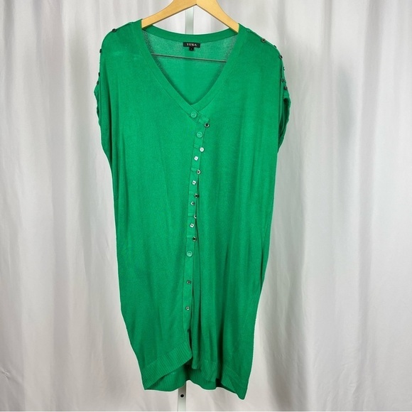 Yuka Large Kelly Green Knit Asymmetrical Button Dress Longline Sweater - Picture 1 of 6